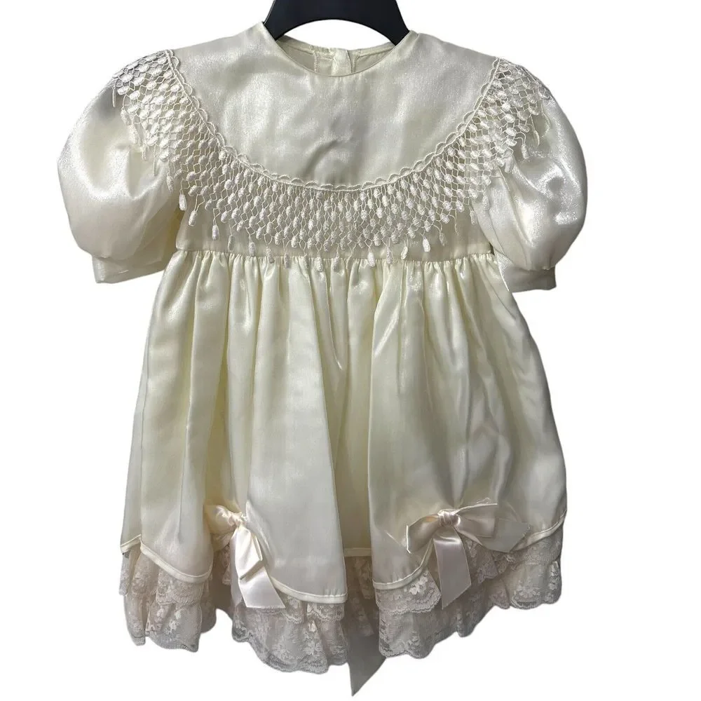 Vintage Honeybee Frilly Lace Dress Girls‎ Sz 5 Ivory Flower Girl Pageant Shimmer